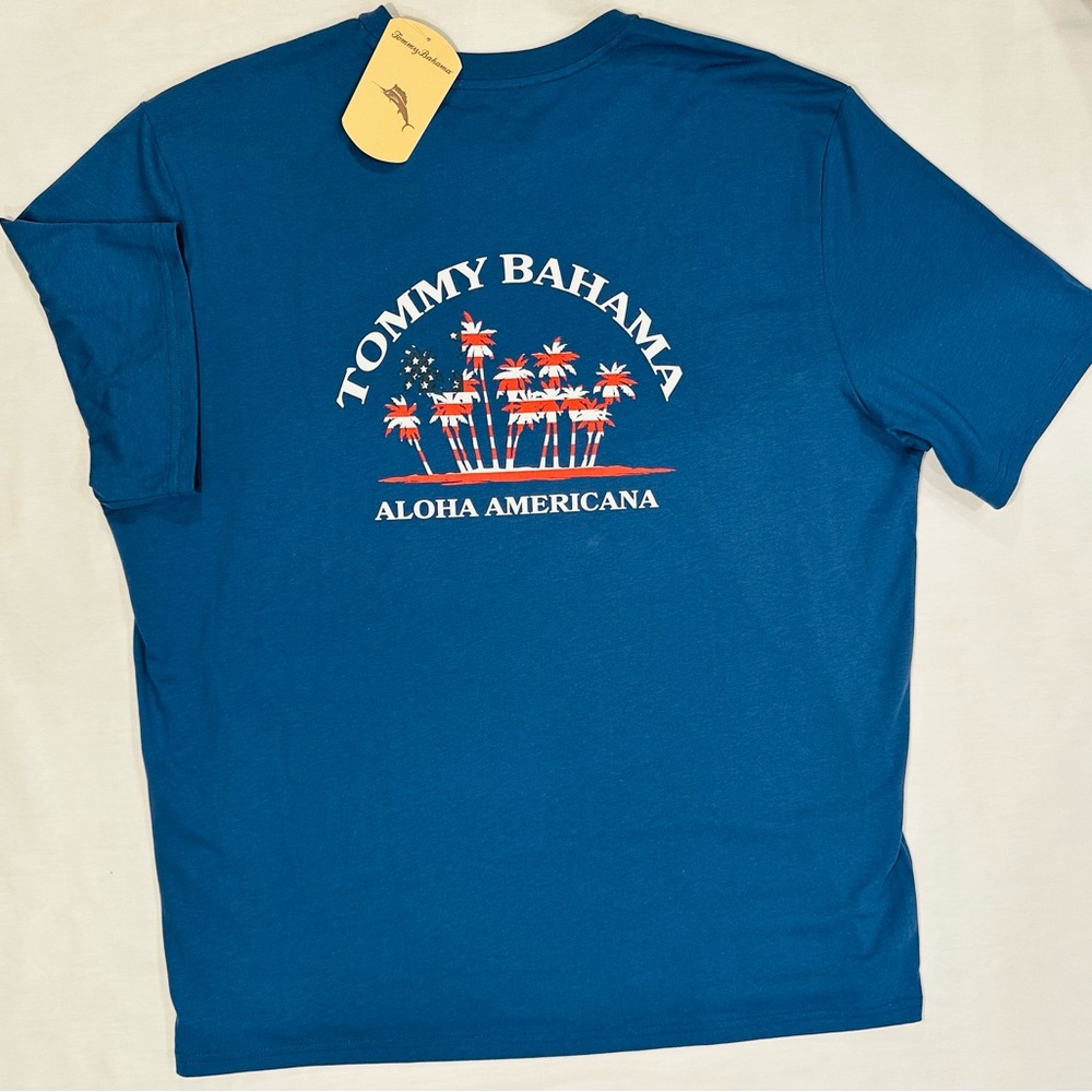 Tommy Bahama Men’s Aloha Americana T-shirt XL Dockside Blue America Palm Flag